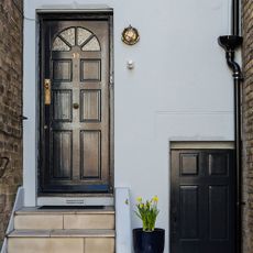 house entrance with wooden door and flower pot