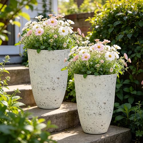Autodaya 19.5" Resin Tall Planters for Outdoor Plants, Set of 2 Country White Large Flower Pots With Handmade Birch Bark Texture, Heavy-Duty and Weather-Resistant for Year Round Indoor Outdoor Use