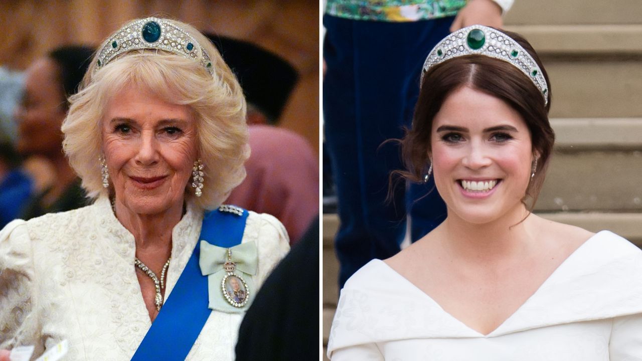 A composite of two pictures of Queen Camilla and Princess Eugenie wearing the same emerald tiara on separate occasions