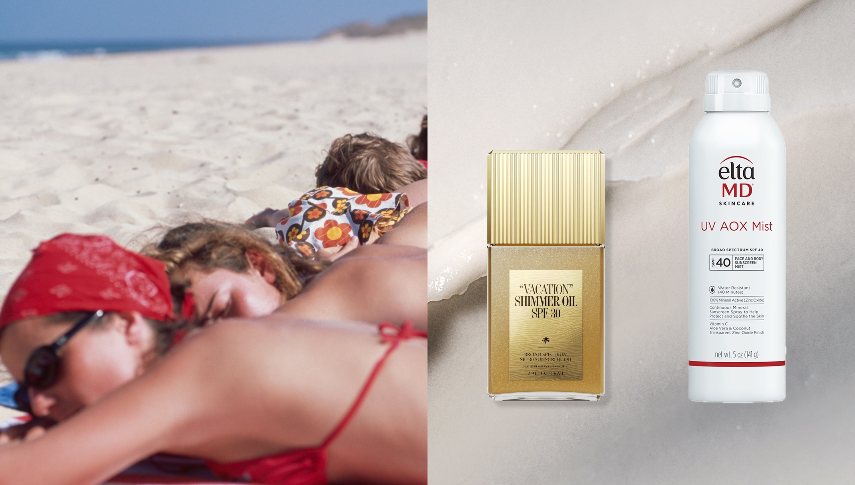 an edit of people tanning next to two bottles of sunscreen