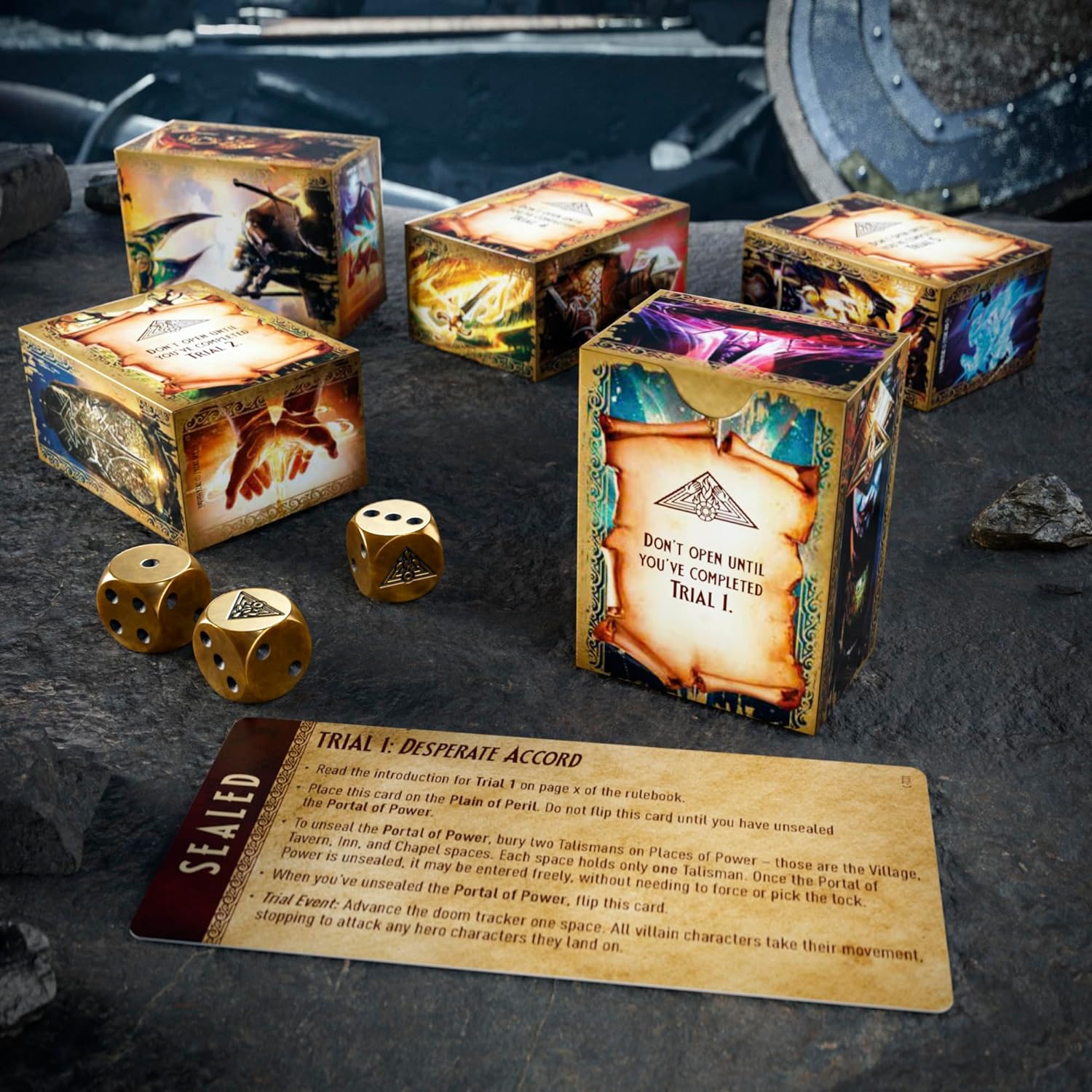 game components fropm Talisman Alliances: Fate Beckons, sealed boxes and quest card