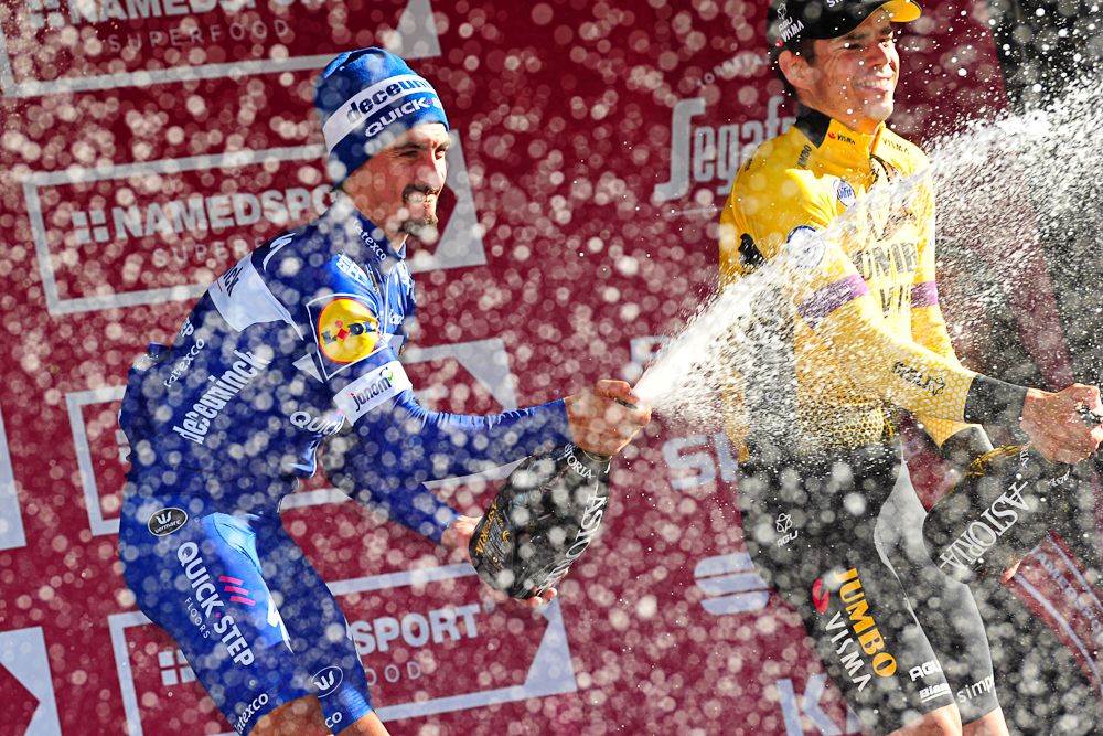 Julian Alaphilippe and Wout Van Aert on the Strade Bianche podium