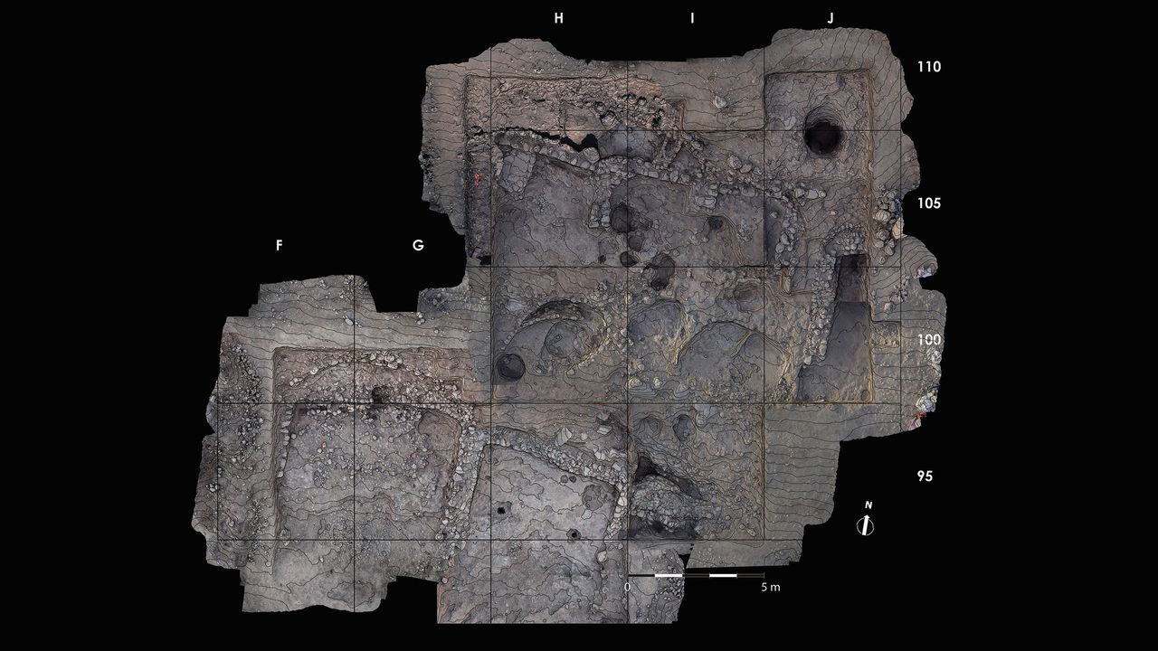 The archaeological site at Kharaysin in Jordan is dated to between 11,000 and 9,000 years ago, in the Neolithic period when the first farms and fixed human settlements were developing.