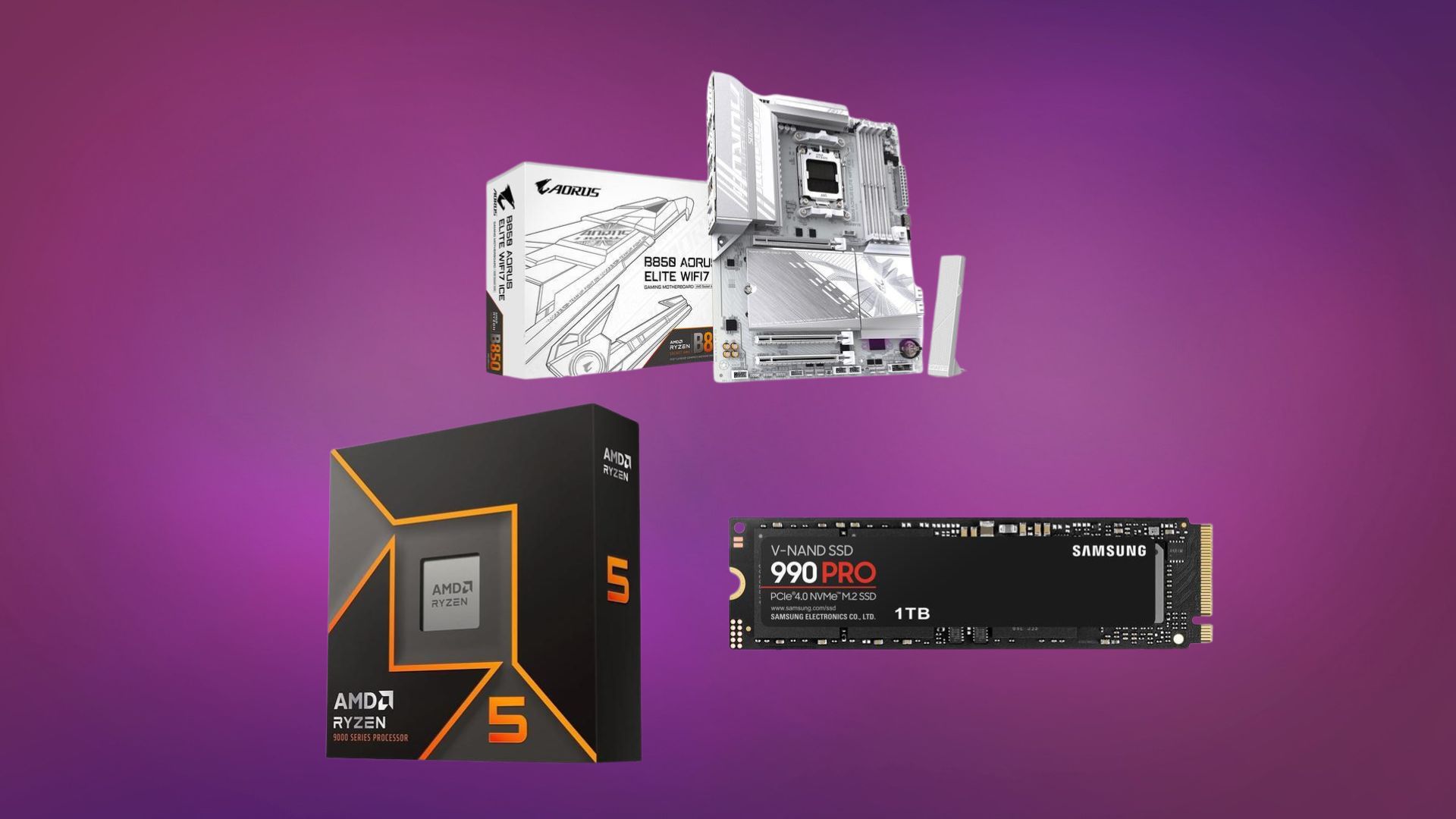 A Gigabyte motherboard, AMD Ryzen 5 9000 series CPU, and a Samsung 990 Pro SSD on a purple background