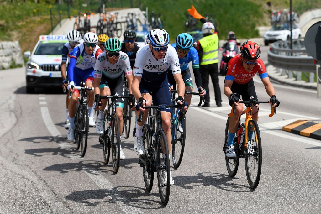 PIEVEDIBONO ITALY APRIL 22 Felix Groschartner of Austria and Team Bora Hansgrohe Christopher Froome of United Kingdom and Team Israel StartUp Nation Marton Dina of Hungary and EoloKometa Cycling Team Hermann Pernsteiner of Austria and Team Bahrain Victorious on breakaway during the 44th Tour of the Alps 2021 Stage 4 a 1686 to stage from Naturns to Valle del Chiese Pieve di Bono TourofTheAlps TouroftheAlps on April 22 2021 in Pieve di Bono Italy Photo by Tim de WaeleGetty Images