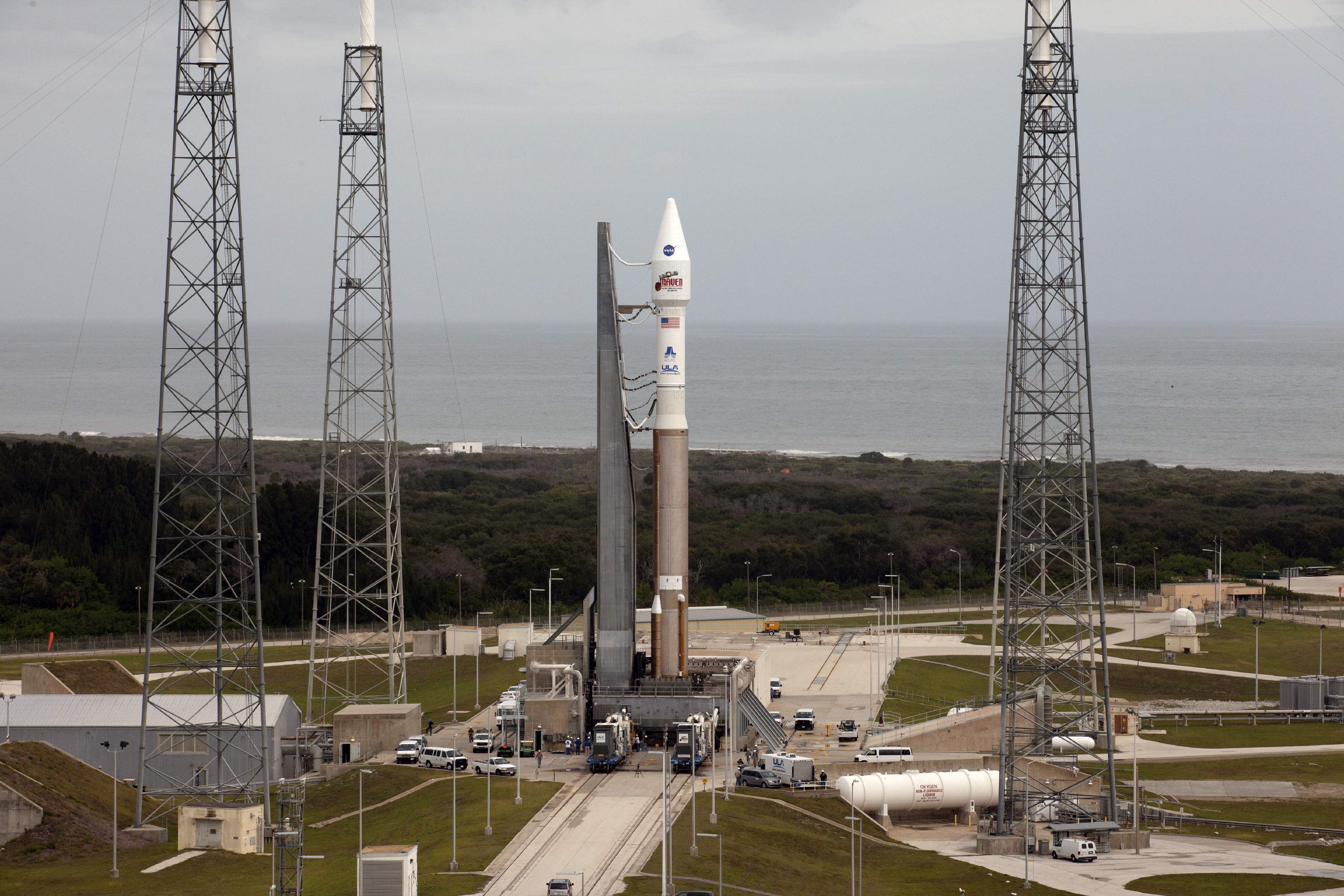 A United Launch Alliance Atlas 5 rocket stands poised to launch NASA&#039;s Mars Atmosphere and Volatile EvolutioN (MAVEN) spacecraft toward Mars from Cape Canaveral Air Force Station after being rolled out to the launch pad on Nov. 16, 2013. 