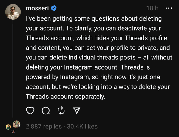 adam mosseri habla de hilos y puede eliminar su cuenta por separado de instagram.