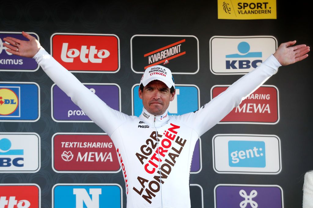 NINOVE BELGIUM FEBRUARY 26 Greg Van Avermaet of Belgium and AG2R Citren Team on third place pose on the podium ceremony after the 77th Omloop Het Nieuwsblad 2022 Mens Race a 2042km race from Ghent to Ninove OHN22 FlandersClassic WorldTour on February 26 2022 in Ninove Belgium Photo by Bas CzerwinskiGetty Images