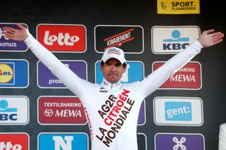 NINOVE BELGIUM FEBRUARY 26 Greg Van Avermaet of Belgium and AG2R Citren Team on third place pose on the podium ceremony after the 77th Omloop Het Nieuwsblad 2022 Mens Race a 2042km race from Ghent to Ninove OHN22 FlandersClassic WorldTour on February 26 2022 in Ninove Belgium Photo by Bas CzerwinskiGetty Images