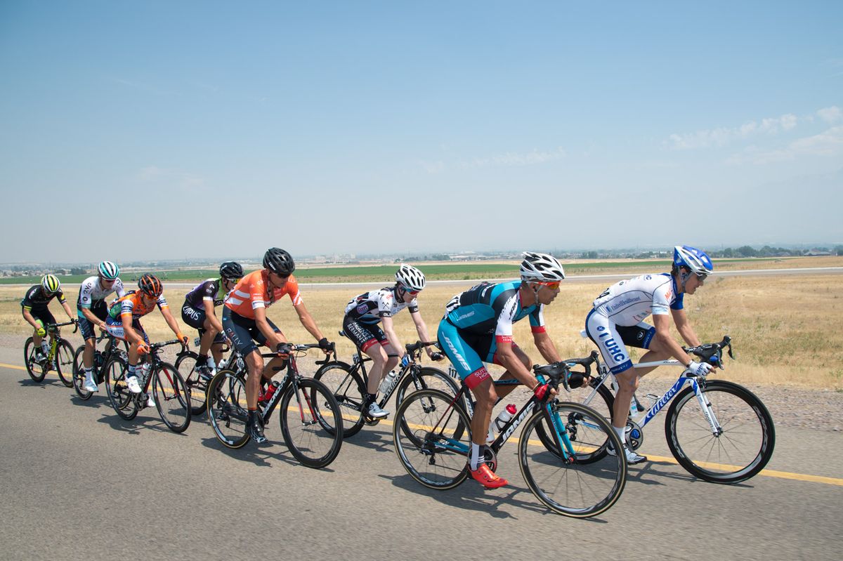 The eight-man breakaway in action