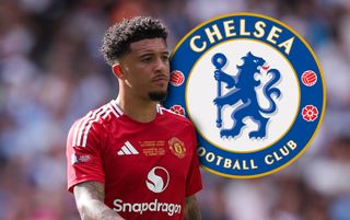 Manchester United star Jadon Sancho and Chelsea badge