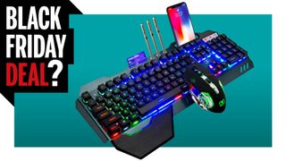 Black Friday Deals banner with an RPG gaming keyboard and mouse with a smarphone, pens, and credit card in holders near the top.