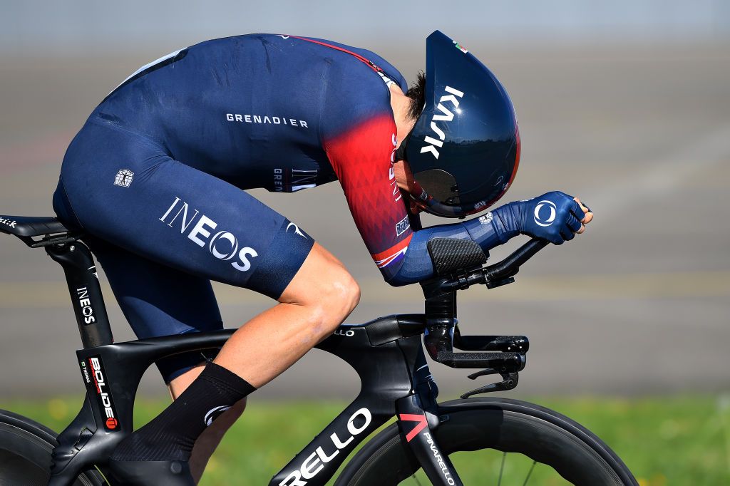 LAUSANNE SWITZERLAND APRIL 26 Geraint Thomas of United Kingdom and Team INEOS Grenadiers sprints during the 75th Tour De Romandie 2022 Prologue a 512km individual time trial from Lausanne to Lausanne ITT TDR2022 on April 26 2022 in Lausanne Switzerland Photo by Dario BelingheriGetty Images
