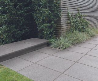 modern grey patio and path with wooden fence and hedge