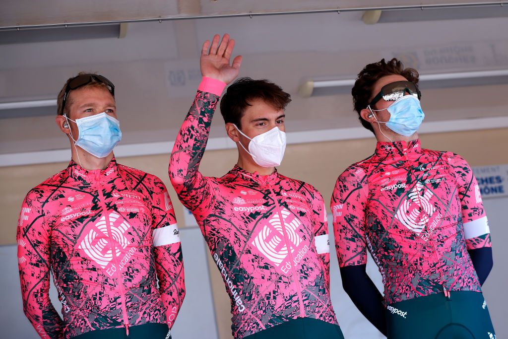 MARSEILLE FRANCE JANUARY 30 LR Magnus Cort Nielsen of Denmark Alberto Bettiol of Italy and Owain Doull of The United Kingdom Team EF Education Easypost during the team presentation prior to the 43rd Grand Prix La Marseillaise 2022 a 1743km race from ChteauGombert to Marseille GPLM2022 on January 30 2022 in Marseille France Photo by Bas CzerwinskiGetty Images