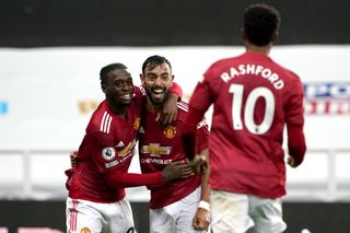 Aaron Wan-Bissaka, Bruno Fernandes and Marcus Rashford, left to right, also scored in the latter stages for Manchester United