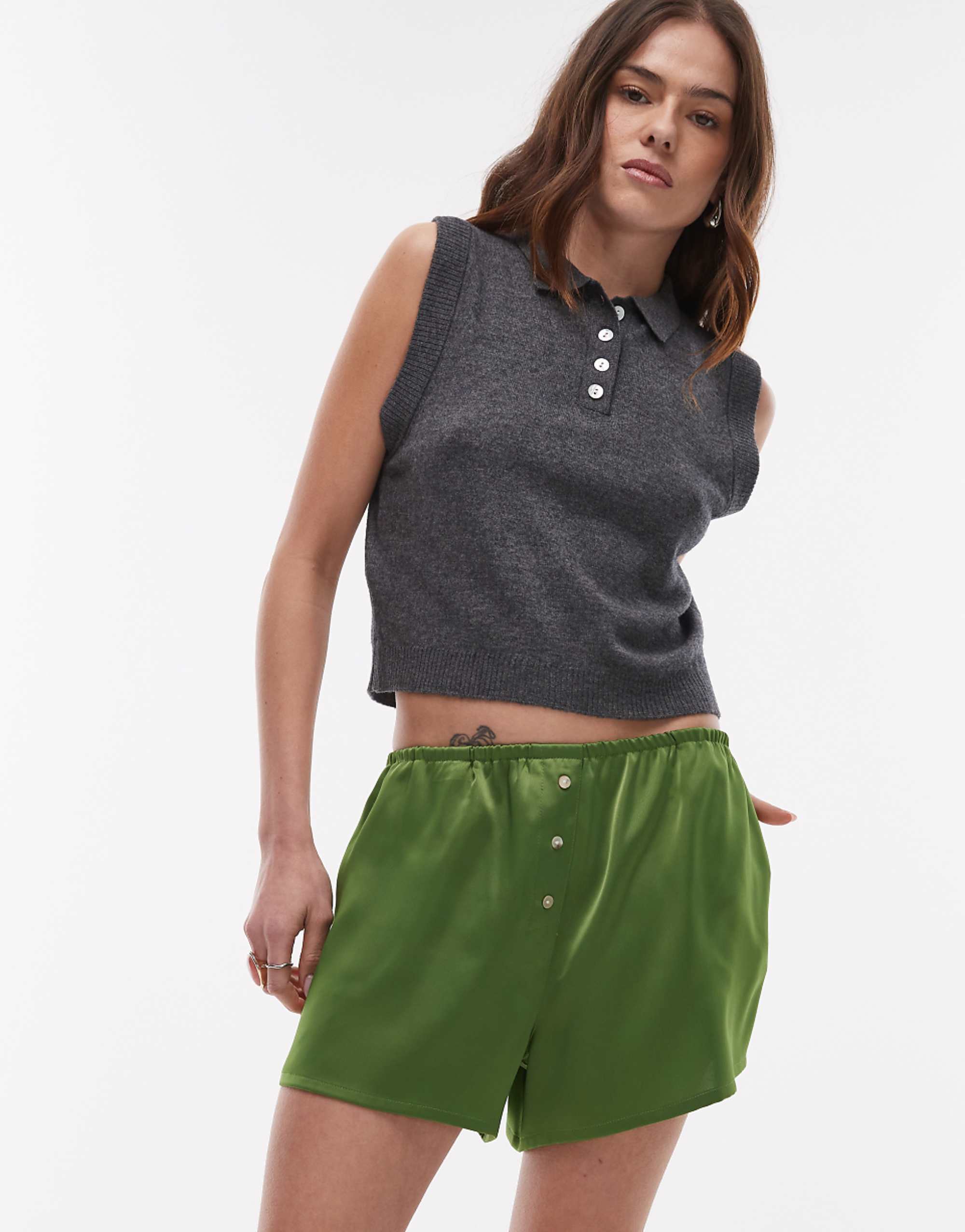 Topshop Satin Knicker Short With Buttons in Green