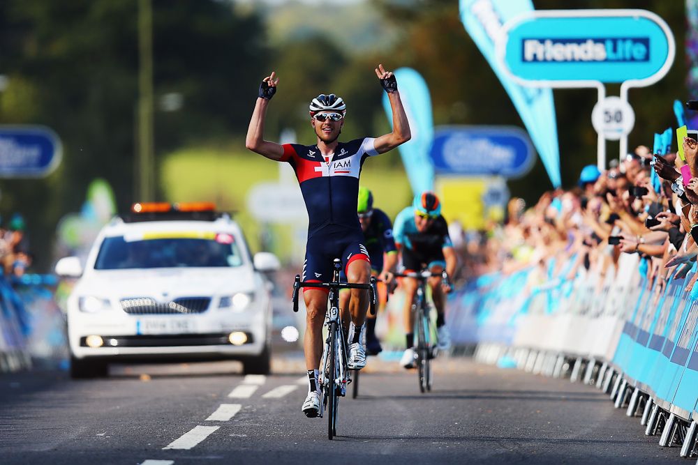 Matthias Brandle of Austria and IAM Cycling celebrates winning his second successive stage during stage six of the Tour of Britain from Bath to Hemel Hempstead.