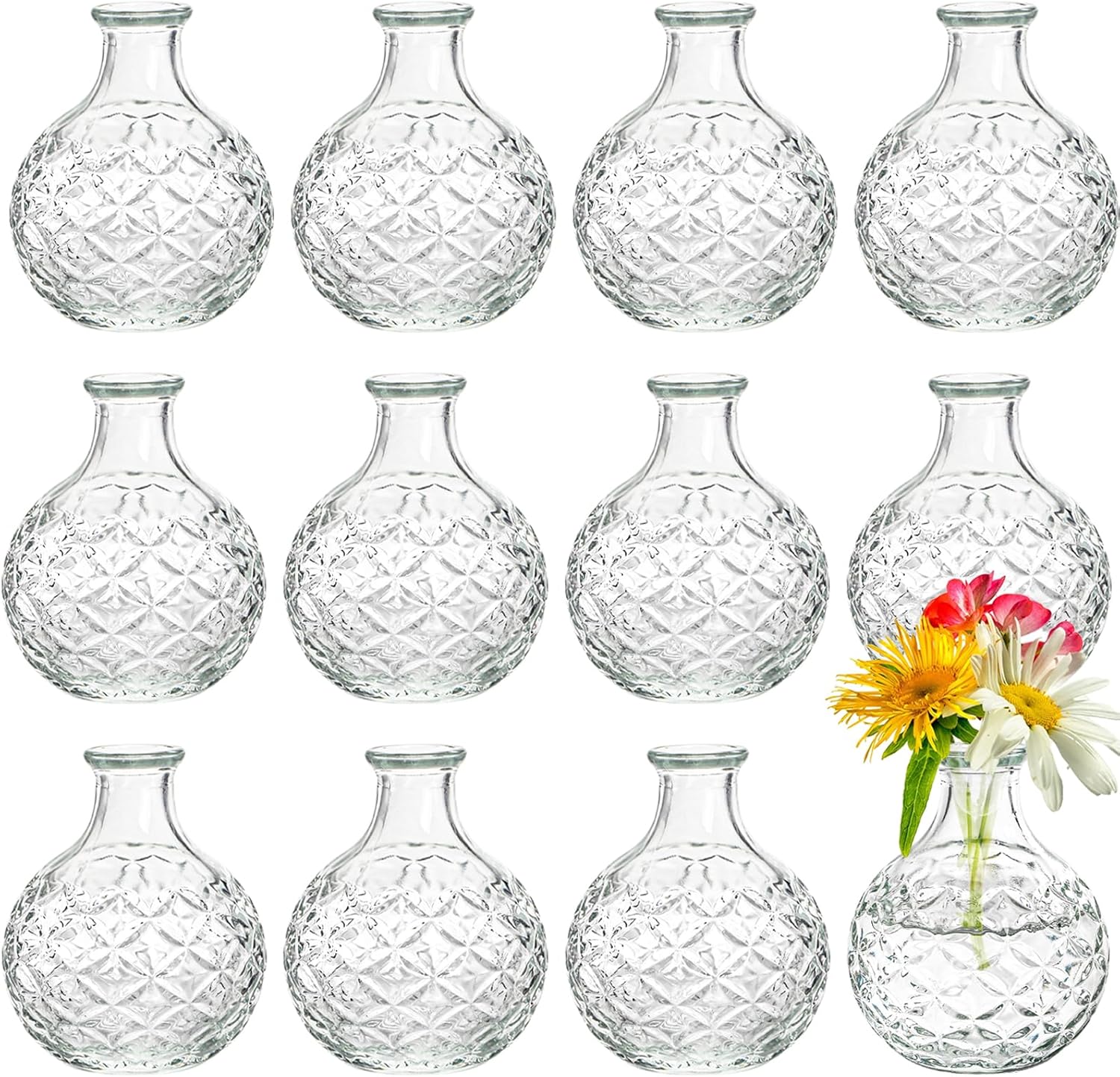 Soujoy 12 Pack Small Glass Ball Bud Vase, Unique Mini Low Sitting Flower Vase, Clear Diamond Floral Centerpieces for Home Decor, Weddings, Floral Arrangements, Events, Parties