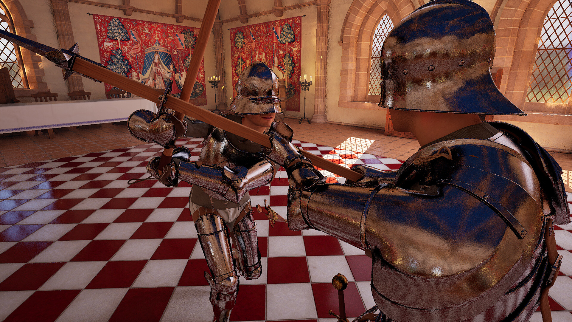 Two men at arms clash with halberds in Half Sword.