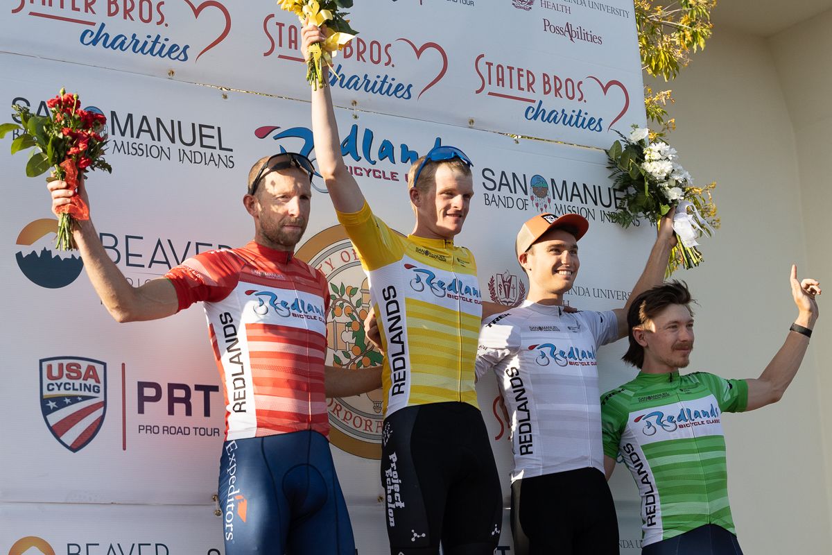 Men's Classification Jersey after 5 stages: Tyler Stites (Project Echelon Racing) in Yellow, Kaler Marshall (Expeditors Elite Cycling) in Red, Drake Deuel (Team California) in White, and Jack Tanner (Blue Competition Cycling) in Green