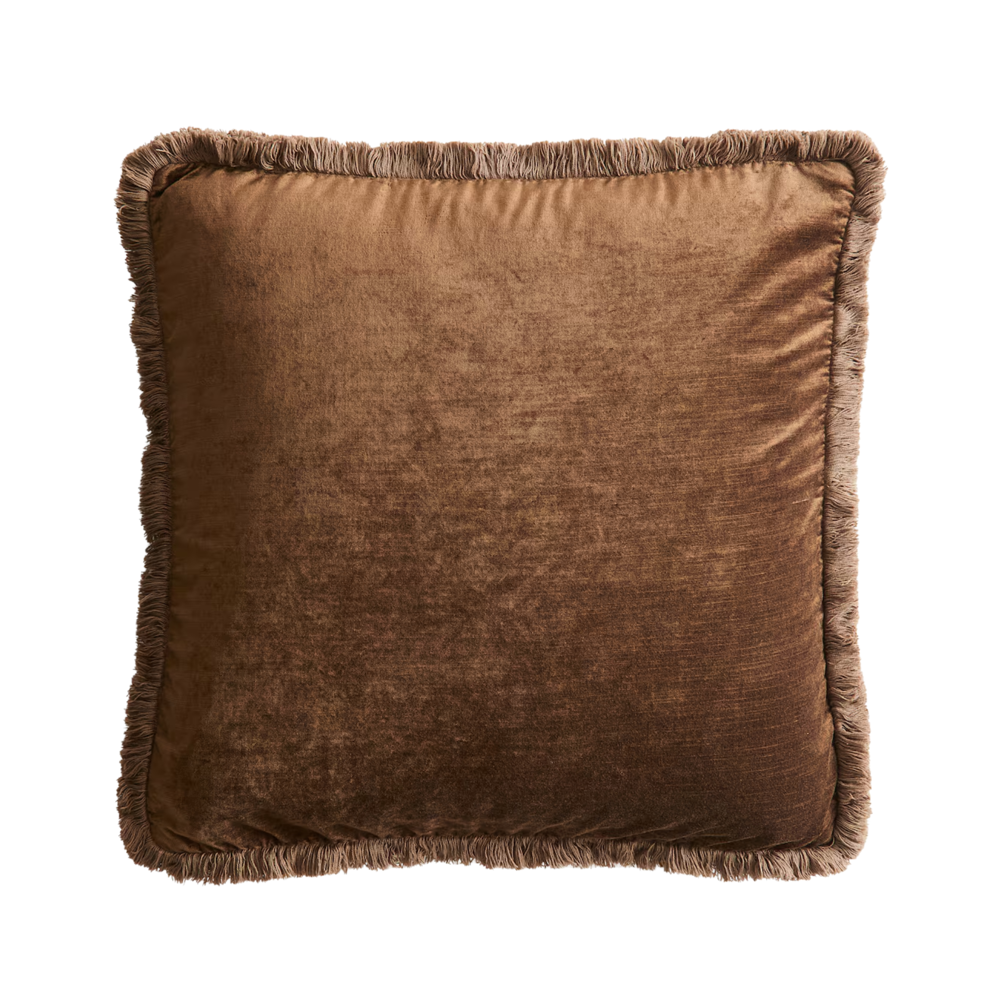 a brown velvet throw pillow with fringe
