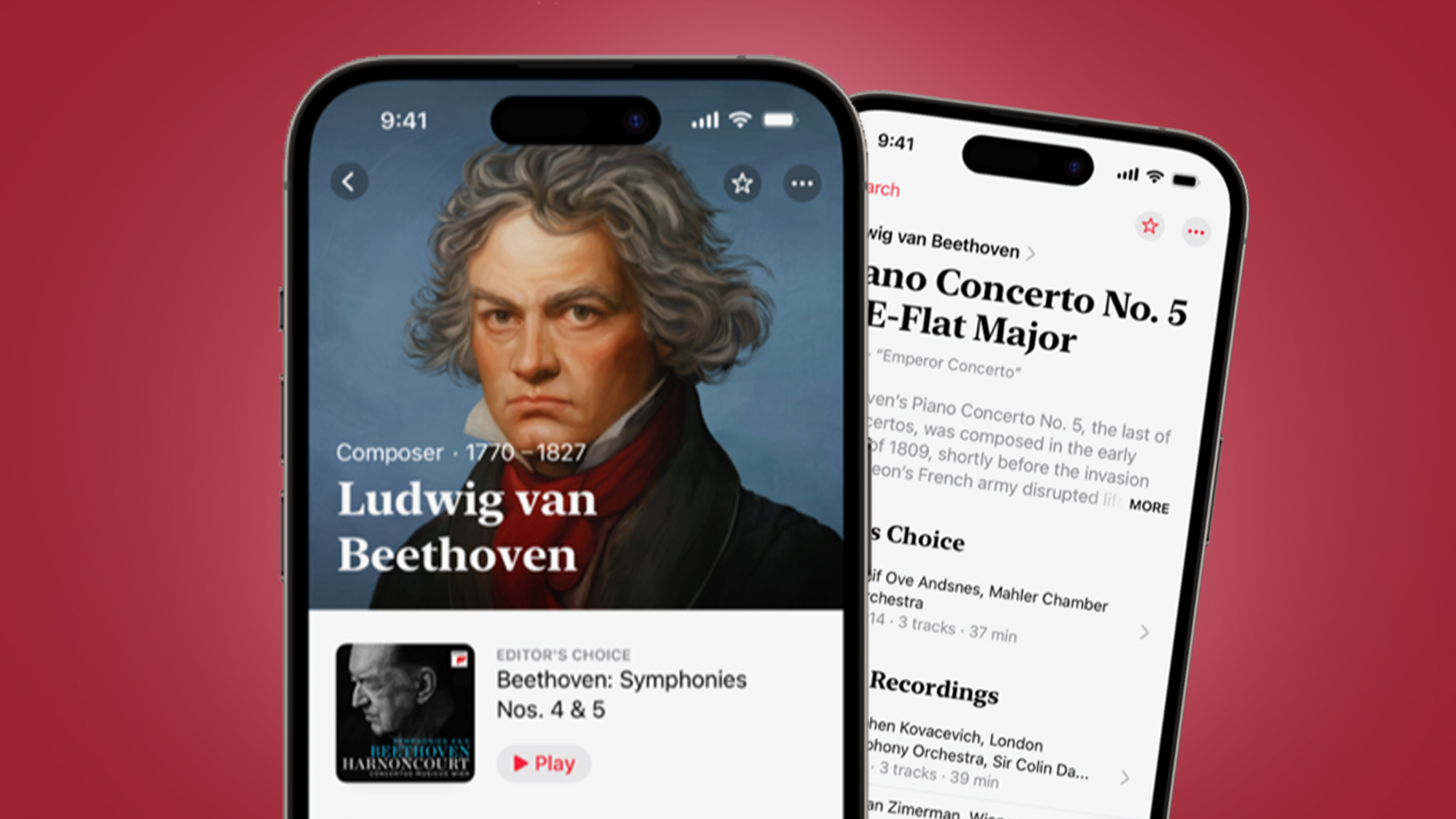 Two phone screens showing the Apple Music Classical app on a red background