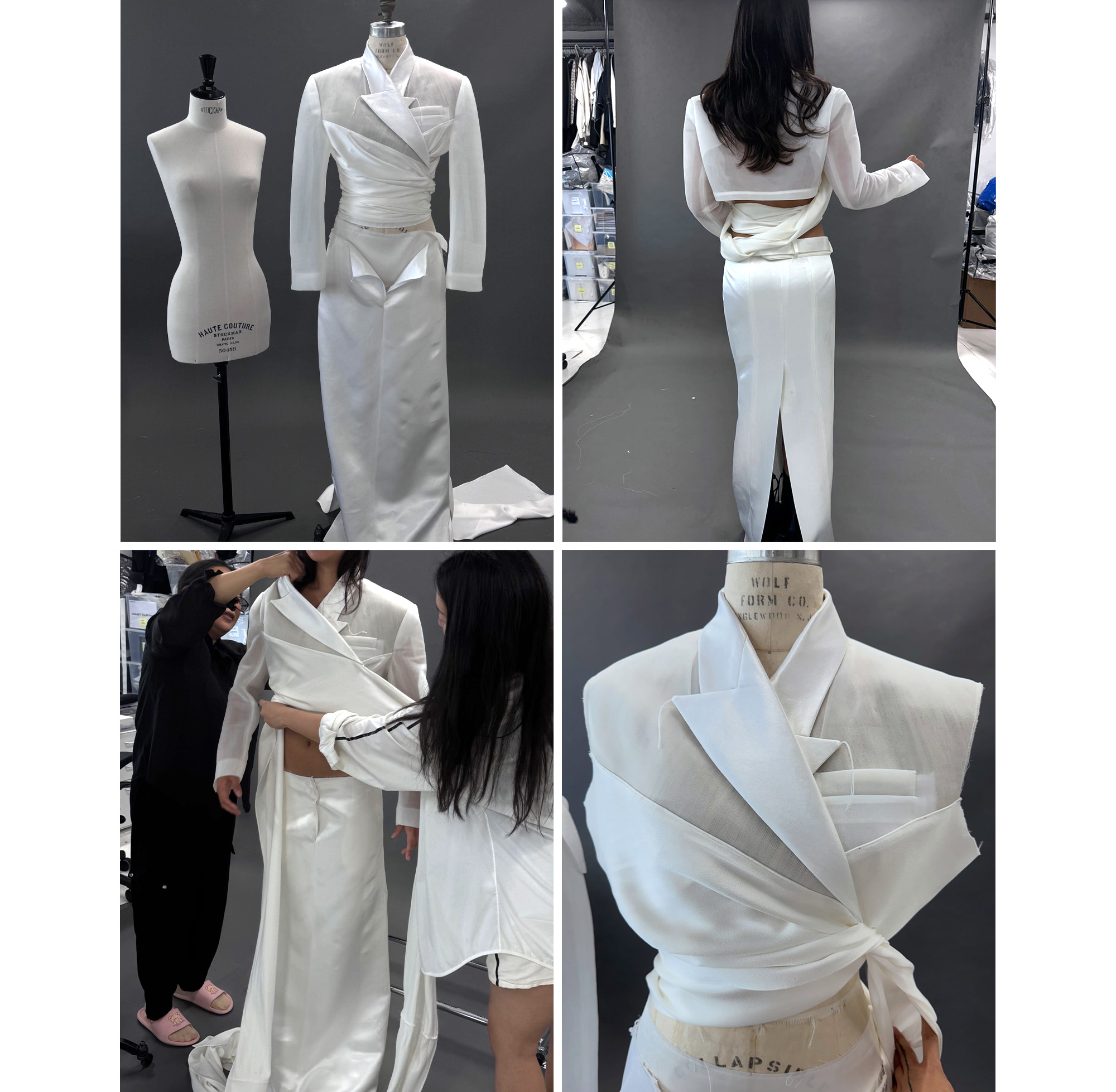 Collage of Trisha getting fitted for custom Peter Do looks.