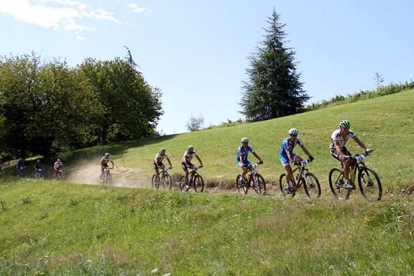 Tim Bohme (Germany) leads a bunch of riders