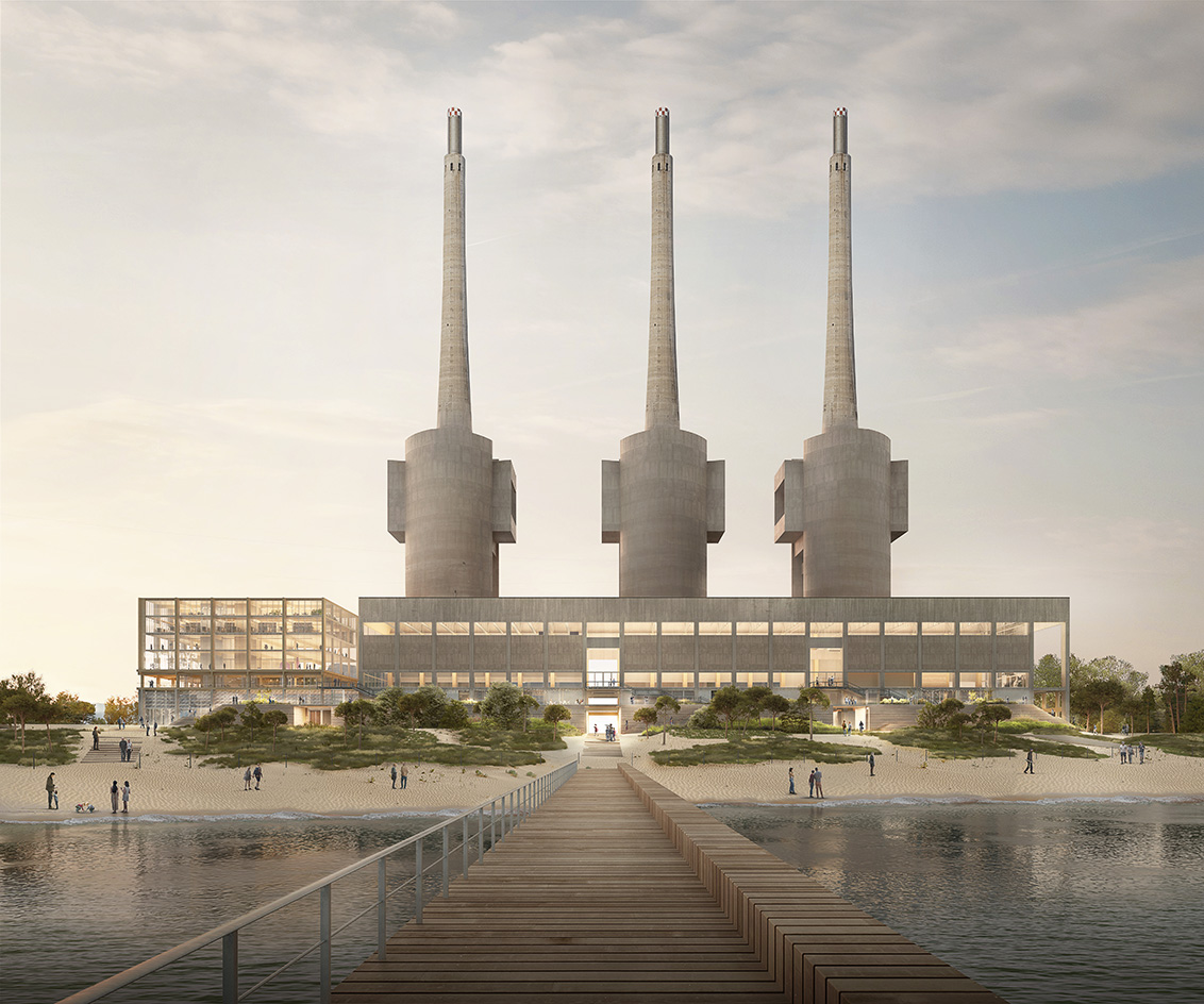 The three chimneys brutalist building redesign - renders seen here of finished visual by GDSB + MARVEL