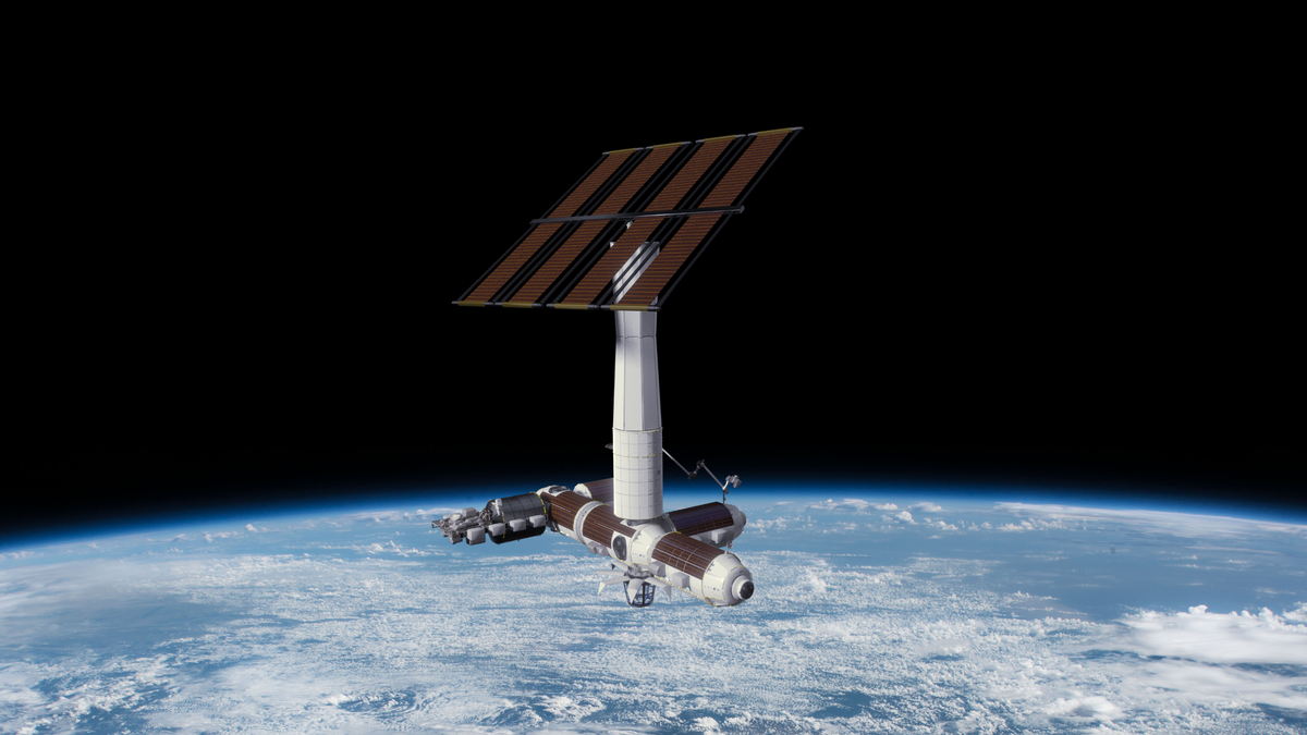 An artist&#039;s depiction of the Axiom module after its detachment from the International Space Station.