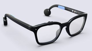 Brilliant Labs Halo AI Smart Glasses on white surface with an angled view