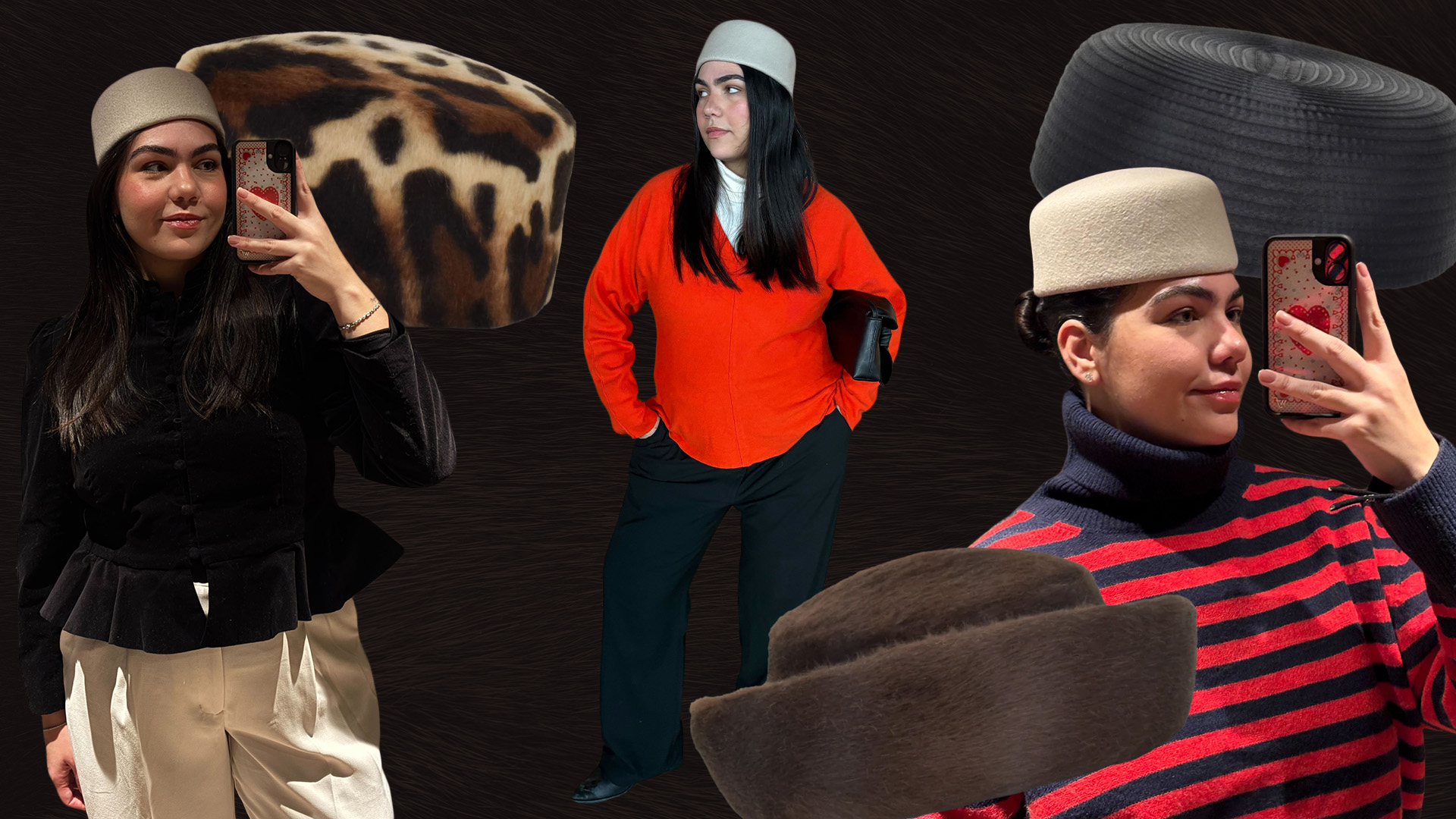 Collage photos of Who What Wear editor Ana Escalante wearing a Gigi Burris pillbox hat.