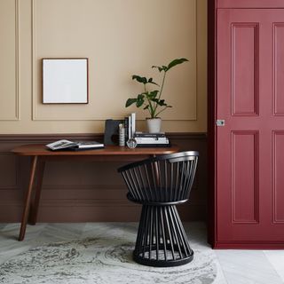 Study area with red storage and dark brown desk