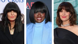 Collage of celebrities with a banged bob (L-R) Claudia Winkleman, Viola Davis and Rose Byrne