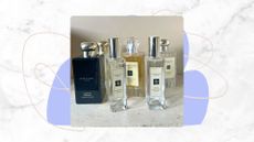 A marble backdrop with an image of several Jo Malone London Perfume bottles lined up and graphic blue and green shapes