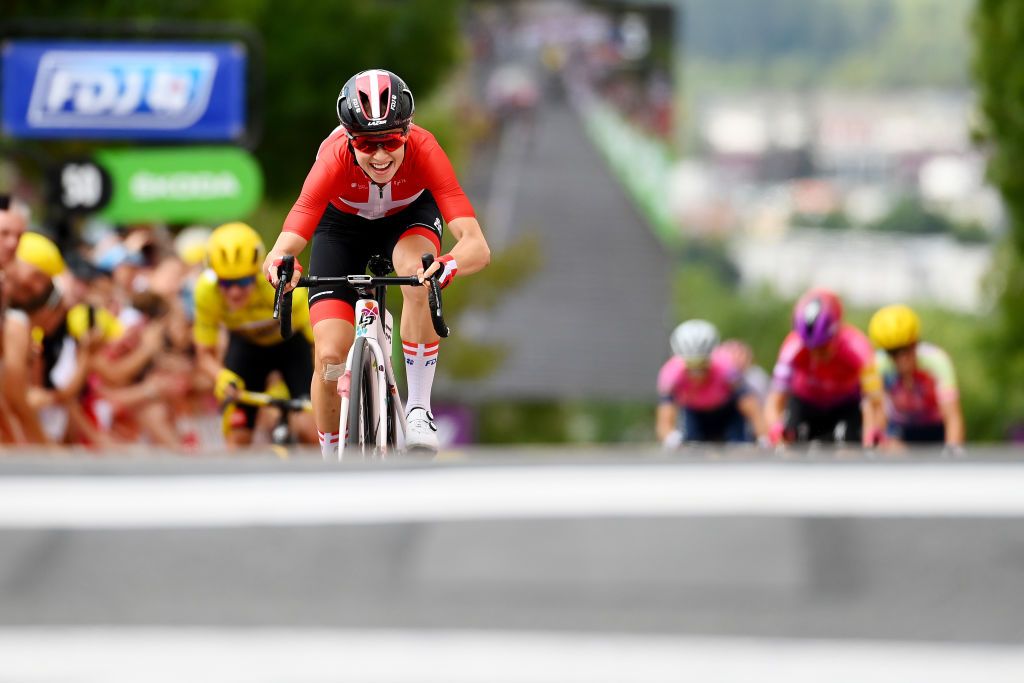 EPERNAY FRANCE JULY 26 Cecilie Uttrup Ludwig of Denmark and Team Fdj Nouvelle Aquitaine Futuroscope sprints to win during the 1st Tour de France Femmes 2022 Stage 3 a 1336km stage from Reims to pernay TDFF UCIWWT on July 26 2022 in Epernay France Photo by Tim de WaeleGetty Images