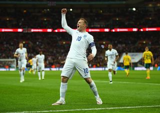 Wayne Rooney celebrates after scoring for England against Lithuania in March 2015.