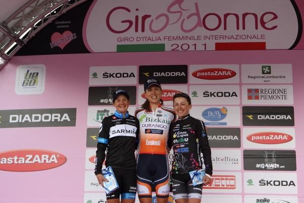 The stage podium: Sharon Laws (Garmin-Cervelo), Shara Gillow (Bizkaia - Durango) and Sylwia Kapusta (Gauss Rdz Ormu)