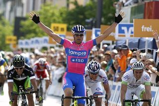 Alessandro Petacchi (Lampre-ISD) celebrates victory in stage 1 at Bayern-Rundfahrt, the Italian's first win of 2012.