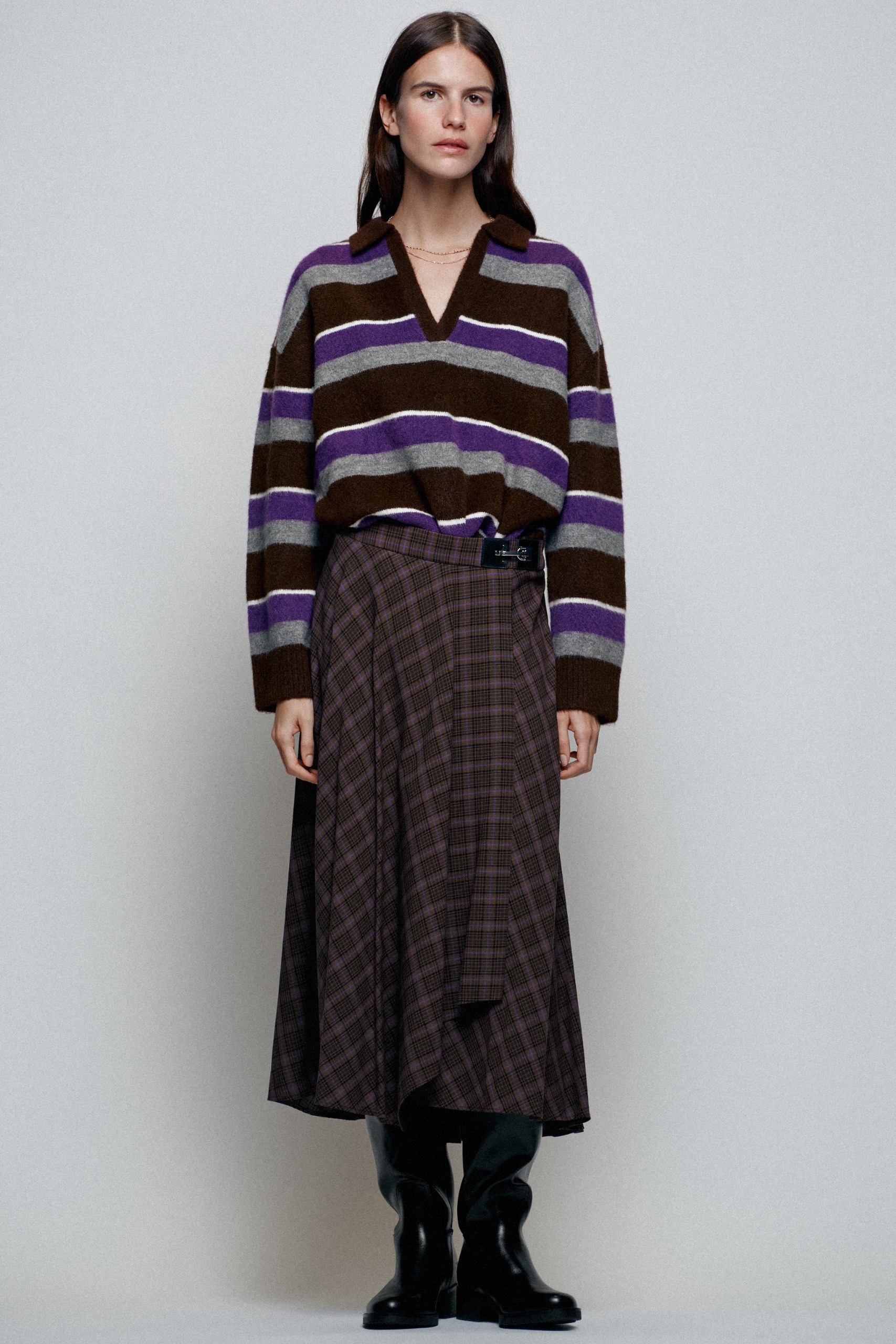 Midi Check Skirt With Hardware - Brown - Xs