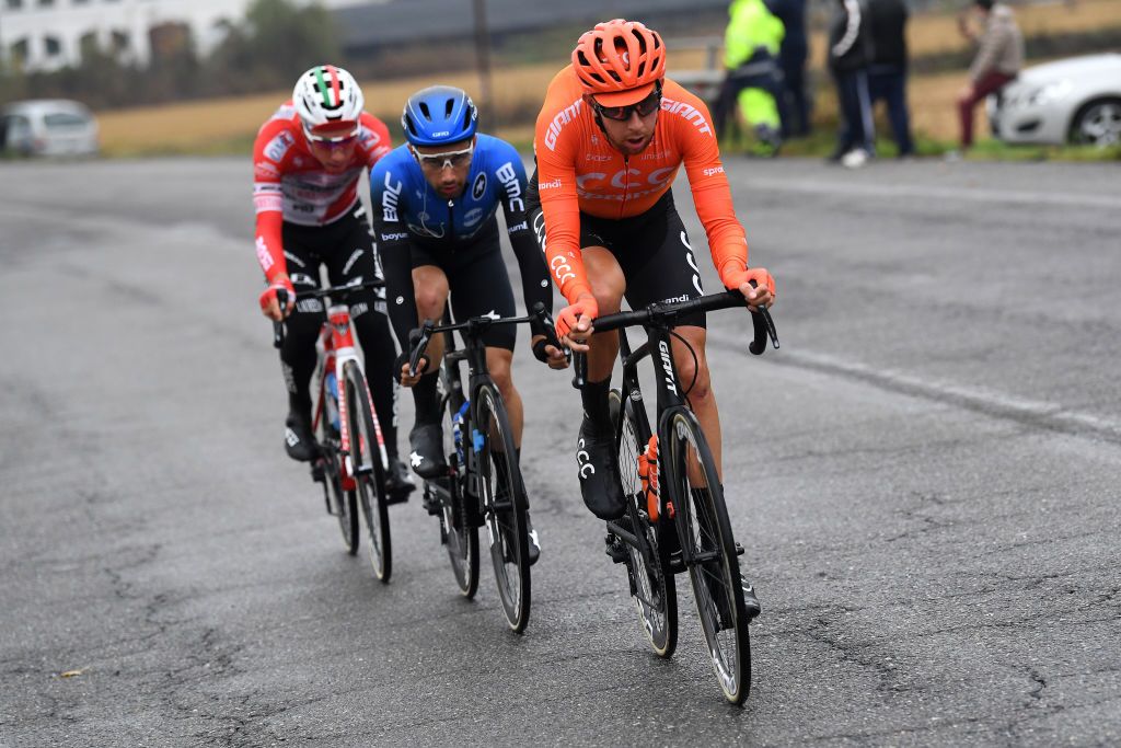 ASTI ITALY OCTOBER 23 Simon Pellaud of Switzerland and Team Androni Giocattoli Sidermec Victor Campenaerts of Belgium and NTT Pro Cycling Team Josef Cerny of Czech Republic and CCC Team Breakaway during the 103rd Giro dItalia 2020 Stage 19 a 1245km stage from Abbiategrasso to Asti Stage shortened due to heavy rain girodiitalia Giro on October 23 2020 in Asti Italy Photo by Tim de WaeleGetty Images