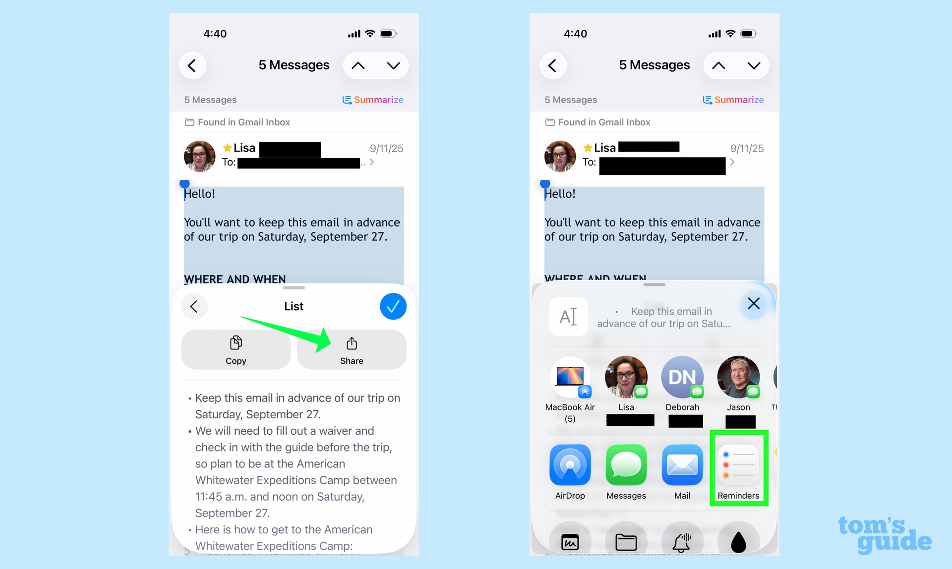 Sharing a list from Mail with Reminders
