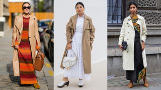street style influencers showing how to style a trench coat over a dress