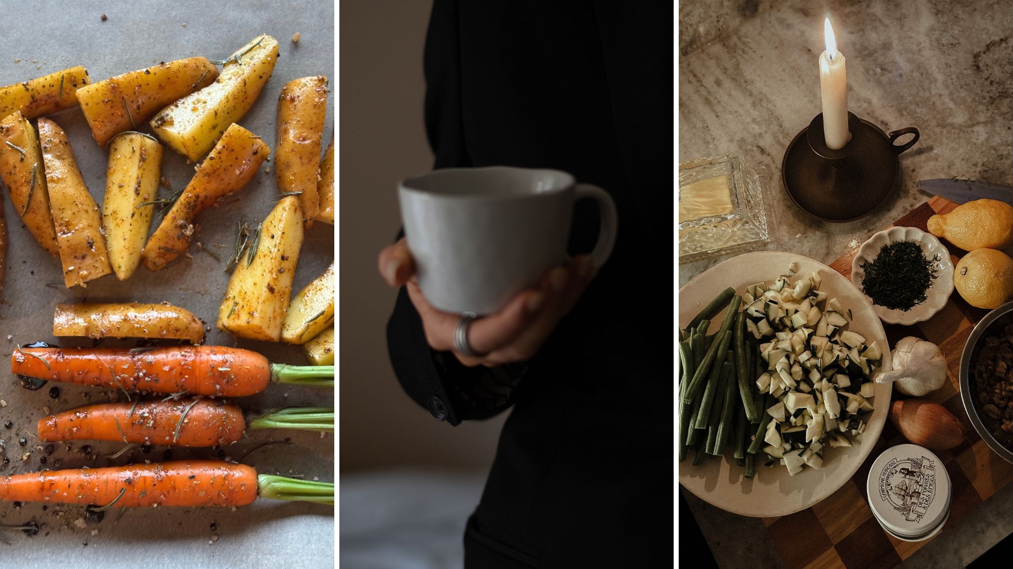 Roasted carrots, parsnips, and onions: A chopping board with vegetables on for chicken soup