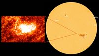 Solar flare with the location of it on the sun in an illustration.