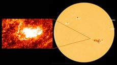 Solar flare with the location of it on the sun in an illustration.