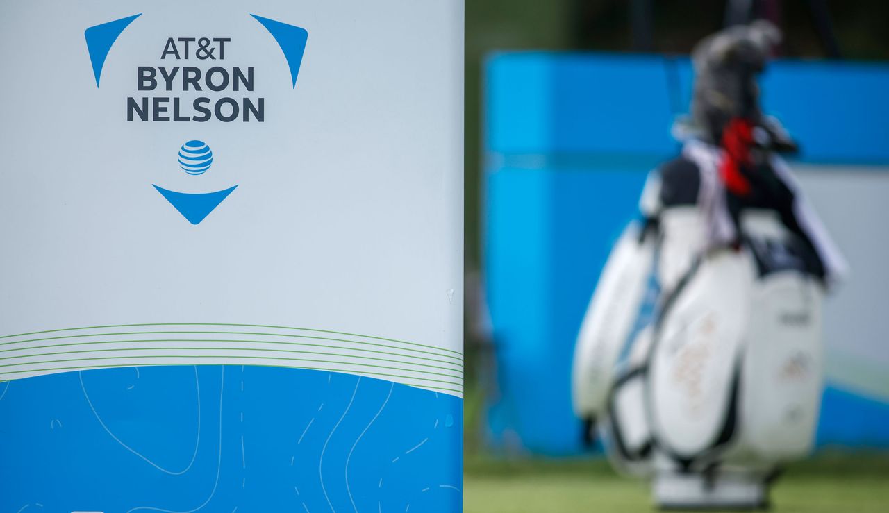 A Byron Nelson logo in front of a golf bag