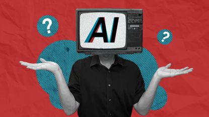 AI being confused concept collage art. Human with TV Head representing artificial intelligence not able to understand the command given.