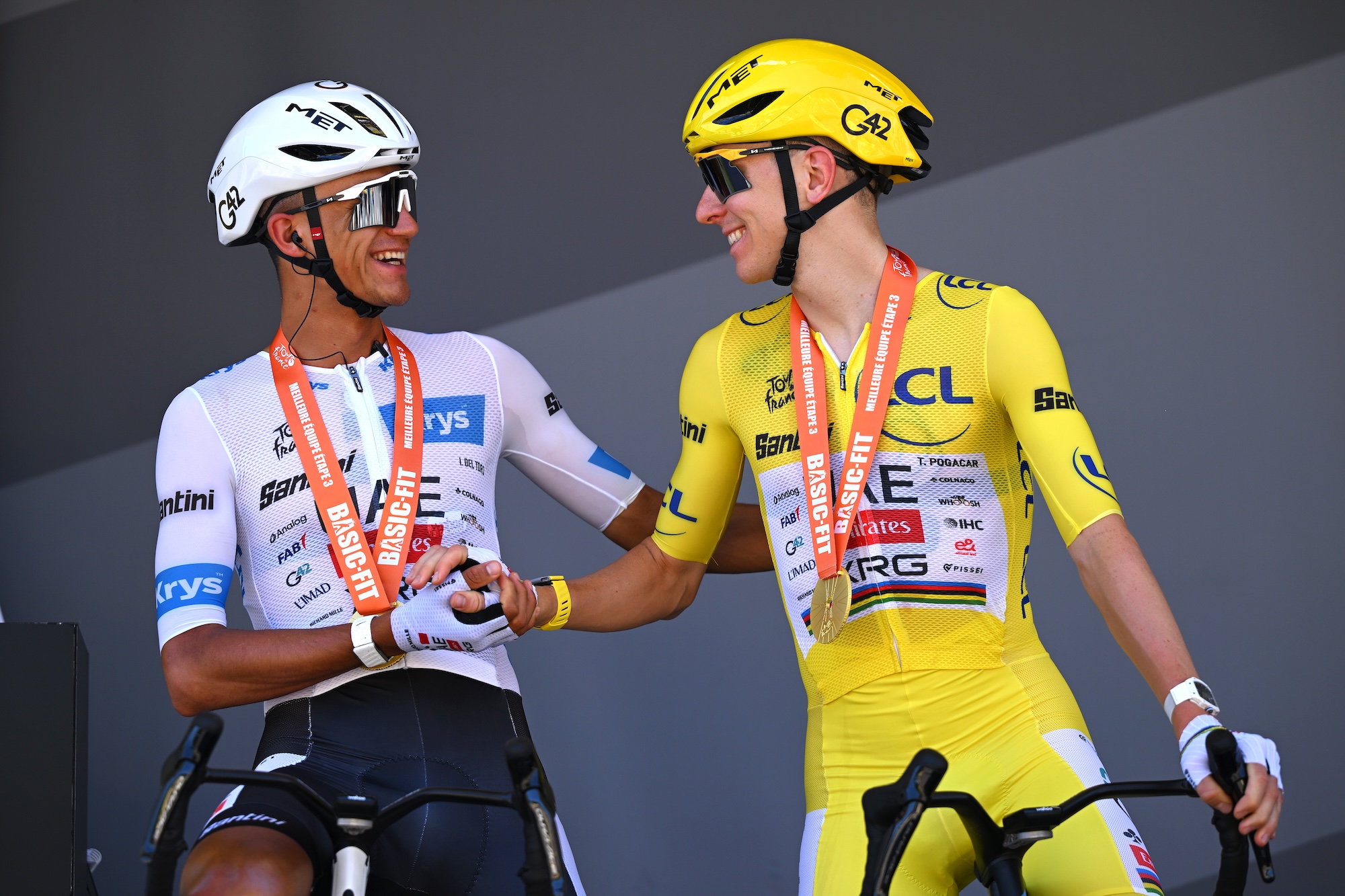 CARCASSONNE, FRANCE - JULY 07: (L-R) Isaac Del Toro of Mexico - White best Young Rider Jersey and Tadej Pogacar of Slovenia and UAE Team Emirates - XRG Yellow Leader Jersey prior to the 113th Tour de France 2026, Stage 4 a 181.9km stage from Carcassonne to Foix / #UCIWT / on July 07, 2026 in Carcassonne, France. (Photo by  Dario Belingheri/Getty Images)